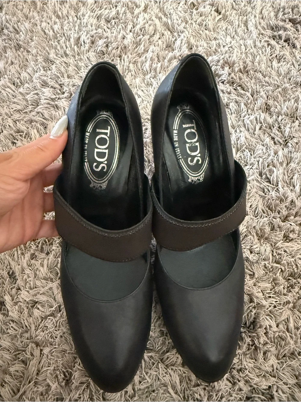 Tod's Black Leather Mary Jane Stiletto Pumps with Wide Elastic Straps